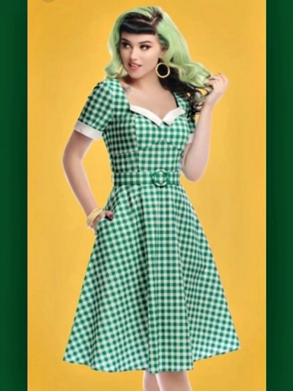 Collectif Roberta Gingham Swing Dress Teal Gingham Midi Dress Size 3XL NWT